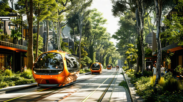 Futuristic urban street with modern orange trams, lush greenery, pedestrians, and a seamless blend of nature and transportation infrastructure.