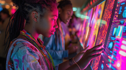 Obraz premium Young Girl Engaged in Interactive Digital Exhibition at Modern Museum