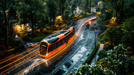 A tram moves through a city at night, with light trails from vehicles under the glow of streetlights and trees. - obrazy, fototapety, plakaty