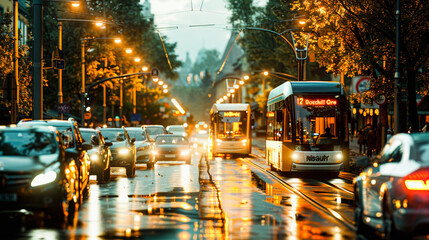Evening traffic on a city street with cars and a tram under illuminated streetlights, capturing a typical urban commute scene.