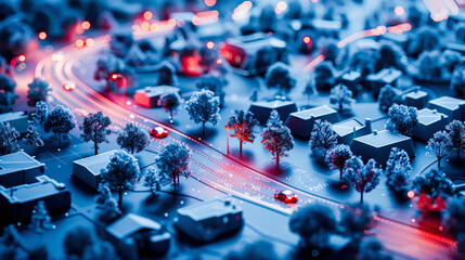 Miniature cityscape with blue tint and red glowing traffic lines, depicting a futuristic or digital network concept. - obrazy, fototapety, plakaty