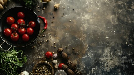 Culinary banner. Cherry tomatoes, rosemary, spices and herbs on a black stone background. Top view. Rustic style.