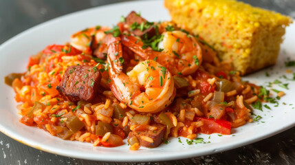 Spicy jambalaya with shrimp, sausage, and cornbread, an american southern cuisine