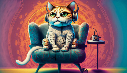 oil painting style Cat on a chair character cartoon listens to music