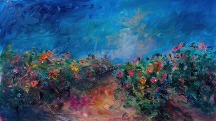 Oil painting of a flower garden with blue sky above.