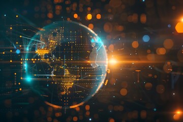 Obraz premium Neural neon globe. A globe of a planet with nexus lines, grid and nodes. Creative technology, Futuristic, Digital innovation & Global connectivity concepts. World web banner. 3D rendered, Illustration