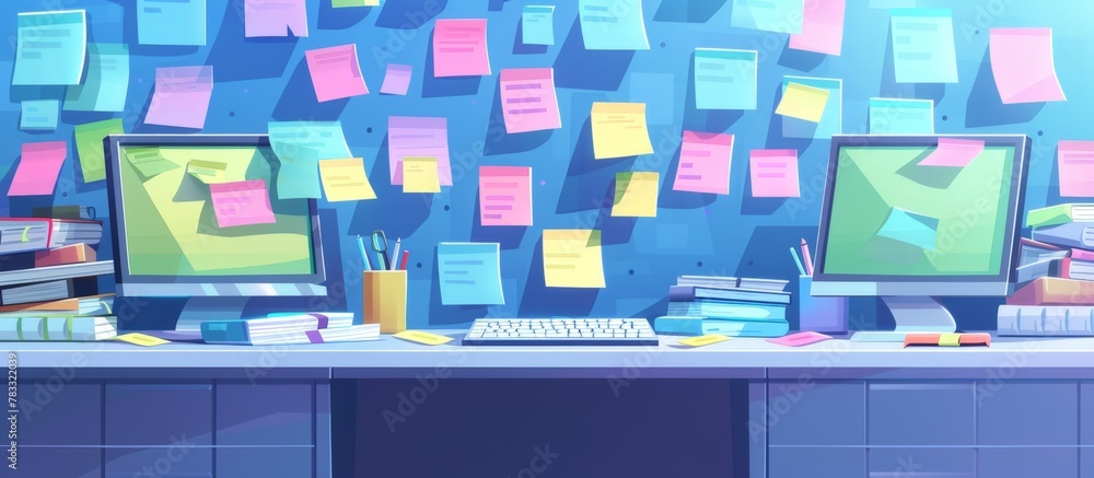 Poster laptop on cluttered desk surrounded by multicolored reminders on sticky notes