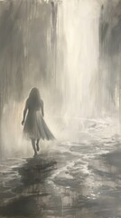 A painting of a woman in a white dress walking through a waterfall.
