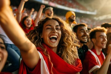 Fototapeta premium Group of diverse people cheering at football stadium