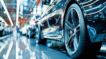 Fototapeta premium A sleek car on a showroom floor with polished chrome wheels reflecting the bright lights of the dealership interior.