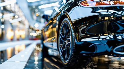 Black sports car with shiny rims parked on a city street at night, reflecting urban lights.