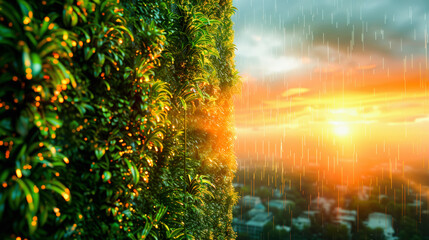 Lush greenery with vibrant red berries under rainfall during a sunset overlooking a blurred urban skyline.