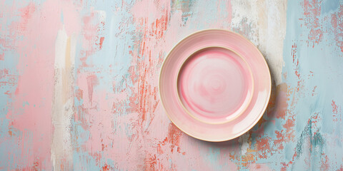 empty pink plate on colorful background - obrazy, fototapety, plakaty