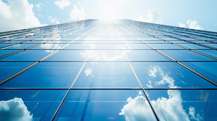 A low-angle view of a modern skyscraper with reflective glass facade under a clear blue sky with clouds.