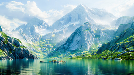 Fototapeta premium Scenic landscape featuring serene lakes, lush greenery, and majestic mountains under a clear blue sky. Tranquil natural beauty.