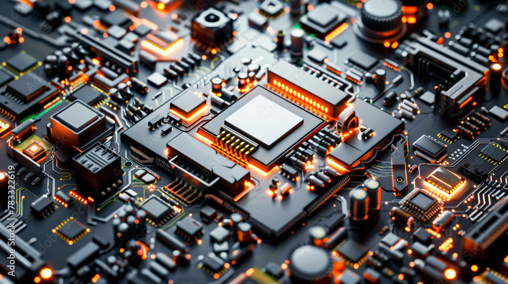 Aufkleber close-up of a complex electronic circuit board featuring microprocessors, integrated circuits, and v