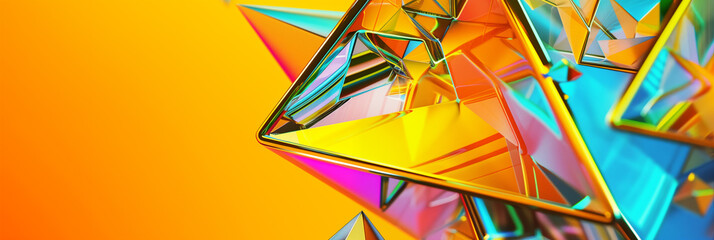 Collection of glossy, iridescent triangular prisms is arranged against a vivid yellow backdrop, reflecting a spectrum of colors with a predominant golden hue that creates a warm, illuminated effect.