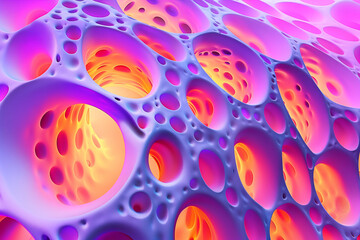 Striking of an organic mesh-like structure featuring vibrant pink, purple, and orange hues against a smooth gradient backdrop. Pores of the mesh vary in size and depth, creating a surreal landscape.