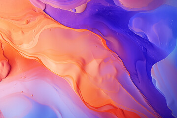 Vibrant and abstract background featuring fluid art. Trendy neon gradient in orange with a marble effect in purple, orange and blue. A stylish backdrop for websites, postcards, and notebooks.