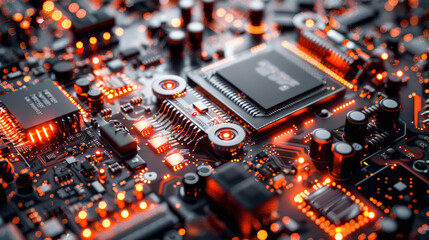 Close-up view of an illuminated circuit board with microchips and electronic components, showcasing modern computer hardware technology. - obrazy, fototapety, plakaty