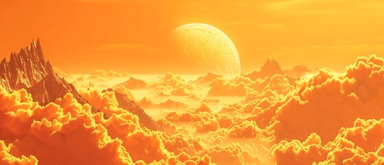 Surreal Landscape: Beautiful scenery orange sky with clouds and mountains.