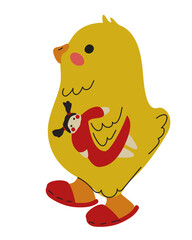 Cute yellow chick holding a toy. Vector illustration.