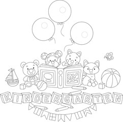 Funny toys with cute cartoony baby animals reading a book of fairy tales, bricks with letters, flags and holiday balloons in a kindergarten, black and white vector cartoon illustration
