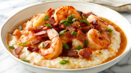 Classic american dish of shrimp over creamy grits garnished with crispy bacon and green onions - obrazy, fototapety, plakaty