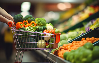 customer price index, customer shopping in supermarket with cart - obrazy, fototapety, plakaty