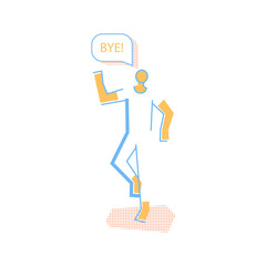Man in dynamic pose with bye text in dialog speech bubble
