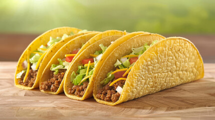 Four appetizing tacos with beef, cheese, and lettuce on a wooden surface - obrazy, fototapety, plakaty