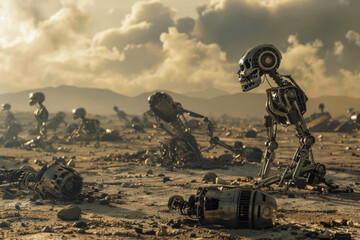 Post-Apocalyptic Robots Amidst a Barren Landscape - obrazy, fototapety, plakaty