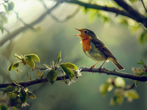 Singing Bird Perched On a Blossoming Tree Branch
