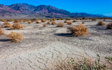 Dry yellow clay cracked in the sun with sand in the Californian desert, Death Valley National Park,...