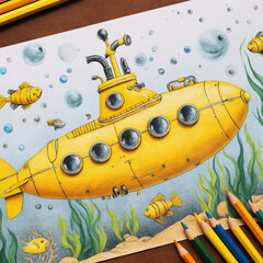Colored pencil children's drawing of a yellow submarine, fish, underwater on paper, on table with color pencil