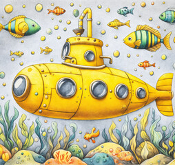 Colored pencil children's drawing of a yellow submarine, fish on the seabed, underwater