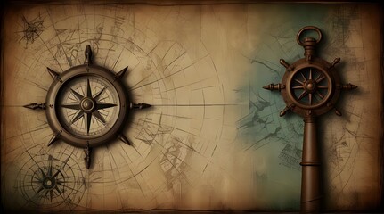 Fototapeta na wymiar Old sea compass lighthouse and sea knot .Generative AI