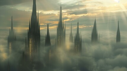 Spires architectual, city of future, fantasy built structure silhouette spooky technology - obrazy, fototapety, plakaty