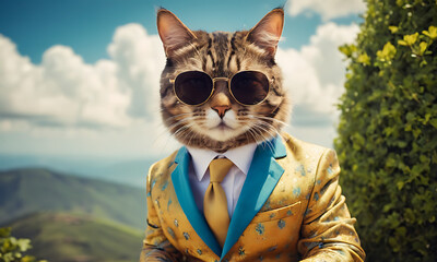 Cat wearing trendy colorful suit and sunglasses. Portrait medium shot. Natural blue sky scene - Powered by Adobe