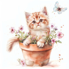 Adorable Kitten in Flowerpot with Butterflies Illustration - 783324034