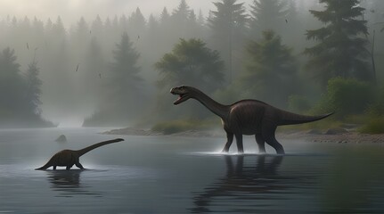 Mamenchisaurus Dinosaur Foggy Day L Mamenchisaurus .Generative AI