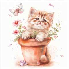 Adorable Fluffy Kitten in Flower Pot with Butterfly Illustration - 783324057