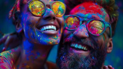 Obraz premium Cheerful couple in love at the festival of colors Holi