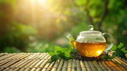 Warm cup of tea with teapot, green tea leaves on the wooden desk at morning in plantations with long banner background empty space for text - obrazy, fototapety, plakaty