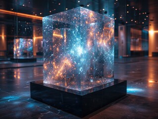 A glowing cube with a space-themed light show inside a dark room, illustrating modern art and technology with a celestial concept.
