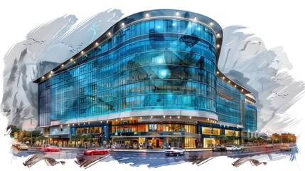 Watercolor sketch of a modern building with blue glass windows. The building has a round shape and is located on the corner of the street. Cars drive by, a traffic light in the foreground. - obrazy, fototapety, plakaty
