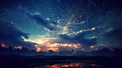 A dreamlike mountainscape under a starlit sky reflecting in a serene lake, exuding mystery and tranquility