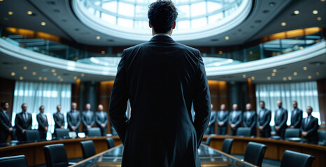 Leader in a corporate setting facing a team of professionals seated around a modern boardroom, discussing business strategies and performance metrics.