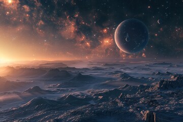 The barren landscape of Sputnik with craters and rocky outcroppings. A distant planet looms in the sky, half in shadow. Bright star on the left.
