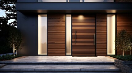 Impressive front door design of a modern home with wooden features, elegant lighting, and stone steps